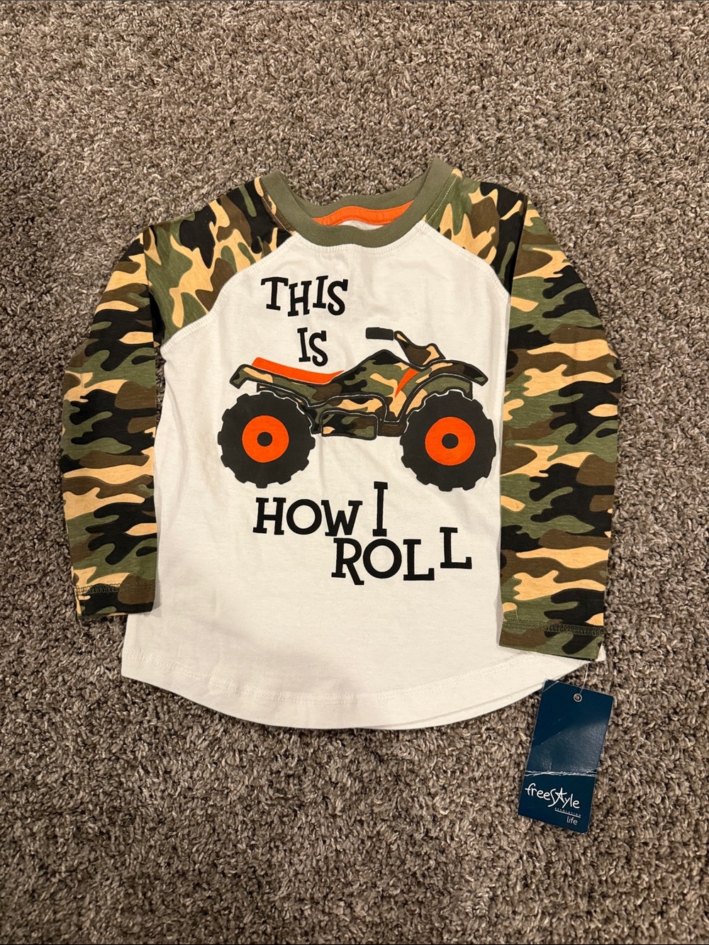 Freestyle White Top with Camo Sleeves & Orange ATV Graphic